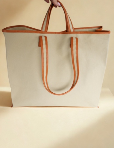 Duża torba lniana z skórzanym obszyciem