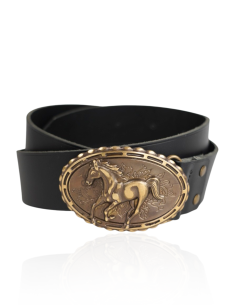 Skórzany pasek męski z ozdobną klamrą koń