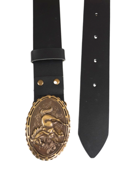 Skórzany pasek męski z ozdobną klamrą koń