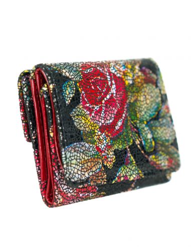 Skórzany mały portfel damski w róże...